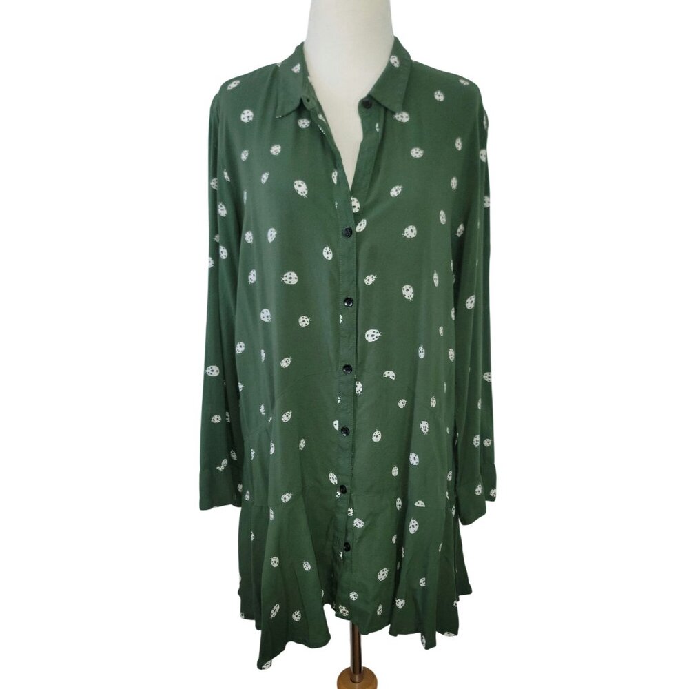 Anthropologie 11.1 Tylho Lakin Women's Flare Tunic Blouse Green Ladybug